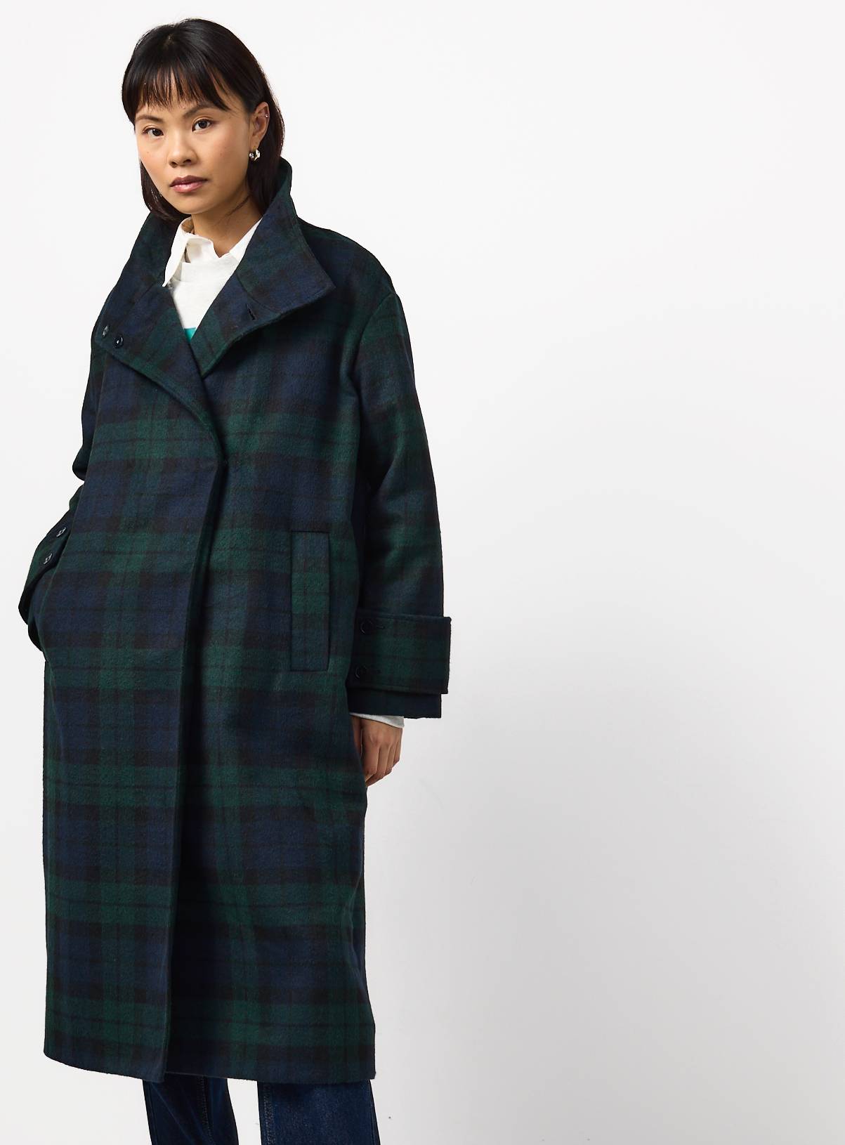 Navy Funnel Neck Check Coat XS - Image 2